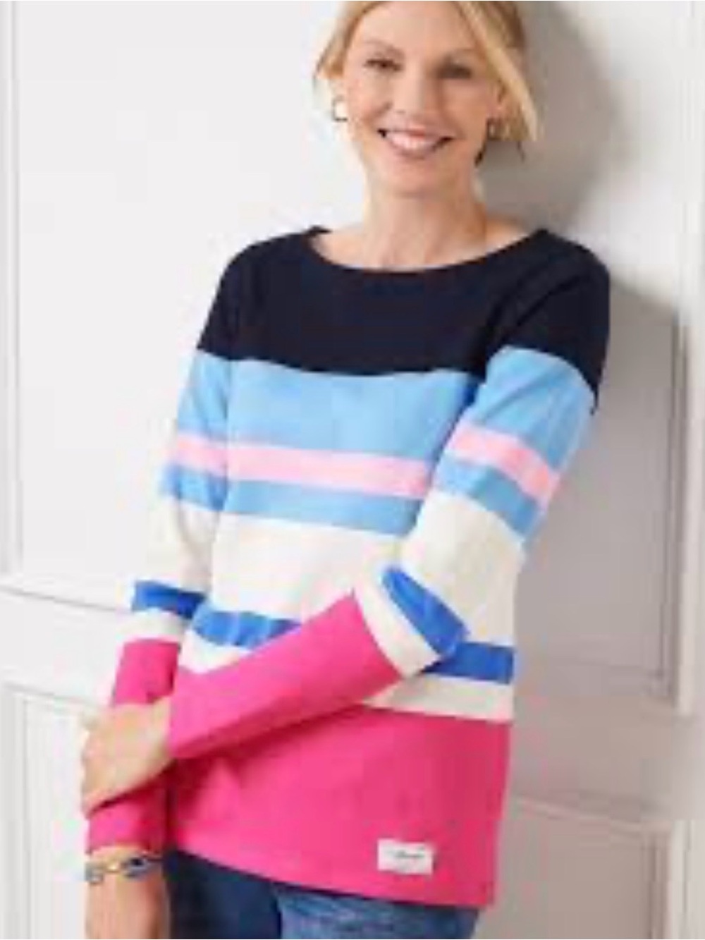 Talbots Striped Crewneck Sweater in Navy, Sky Blue, Cream & Hot Pink